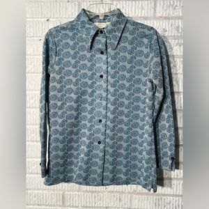 Vintage '70s polyester Blue Blouse retro flower mid century disco top Small S